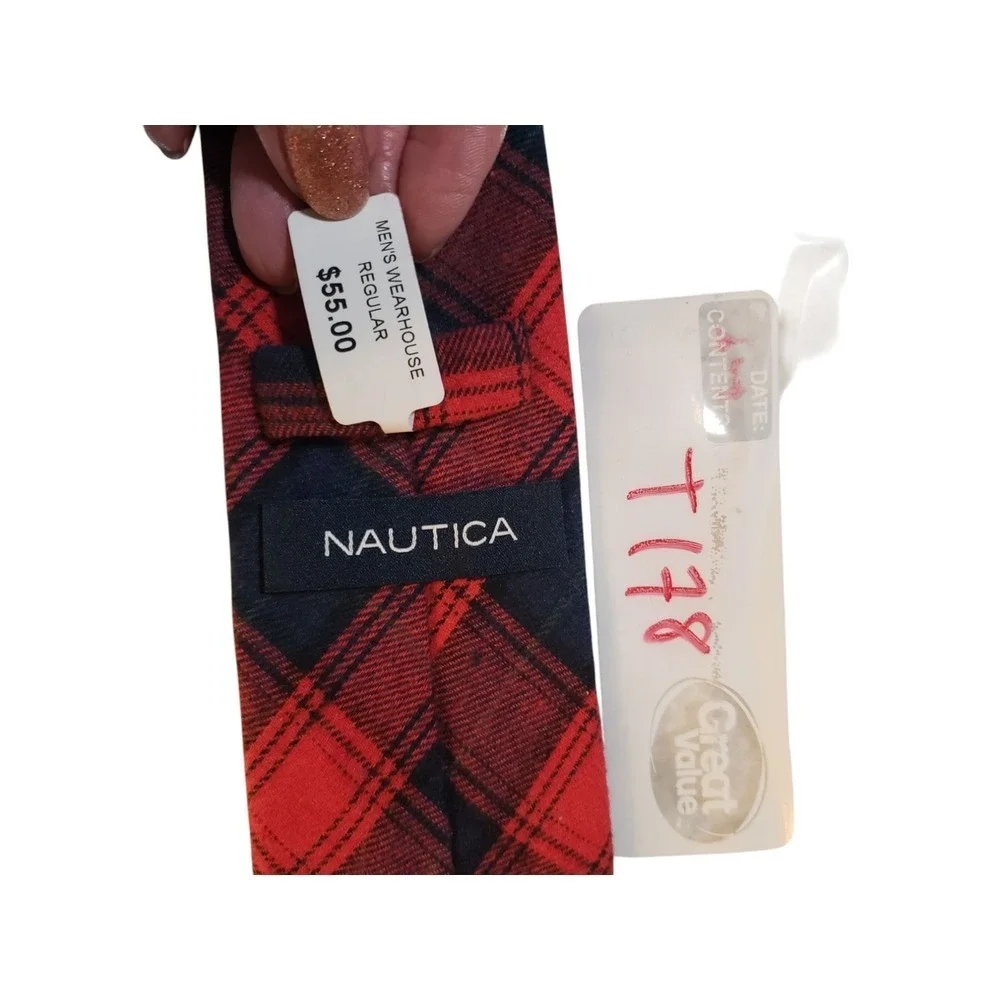 NWT‎ Nautica Mens Tie Necktie Designer Luxury 100% Cotton Red Black Plaid